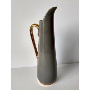Vintage Gray Pitcher 24k Plated Trim Slim 8" x 2" Grey Kitchen Home Decor Vase